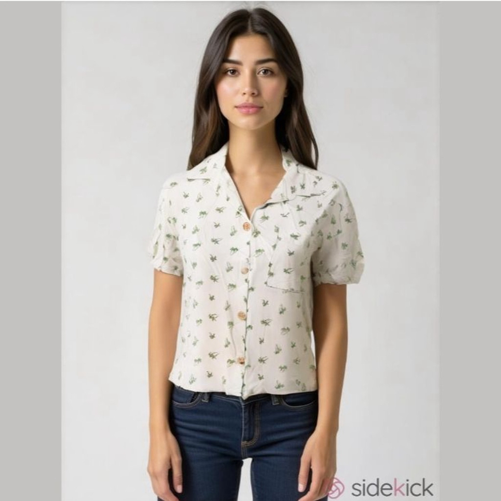 Anthropologir The Good Jane Button-Down Shirt White Palm Tree Print Sz S